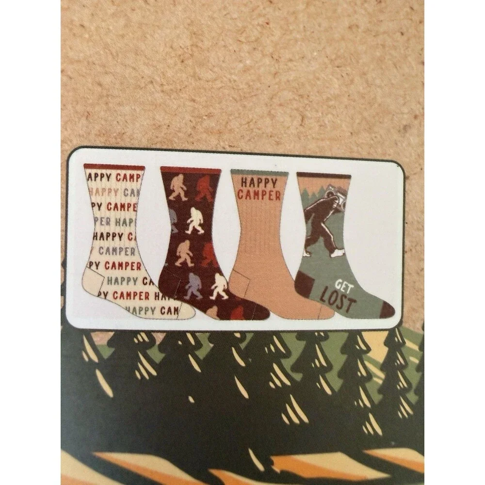 Happy Camper 4 Pair Bigfoot Theme Camping Theme Mens Novelty Crew Socks NWT 6-12